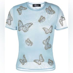 Blumarine Butterfly-Studded Semi-Sheer Top